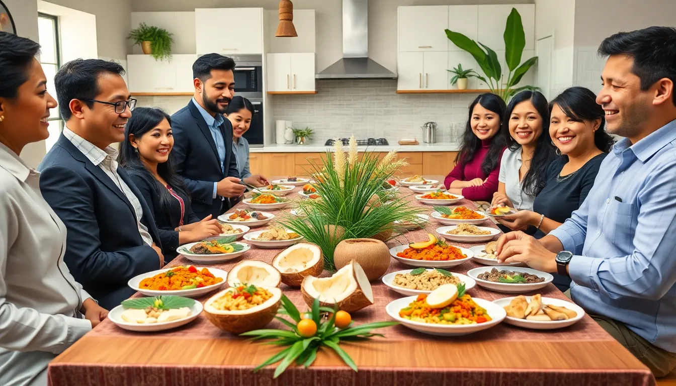Team sharing a dish of Coconanacam in a lively kitchen setting.
