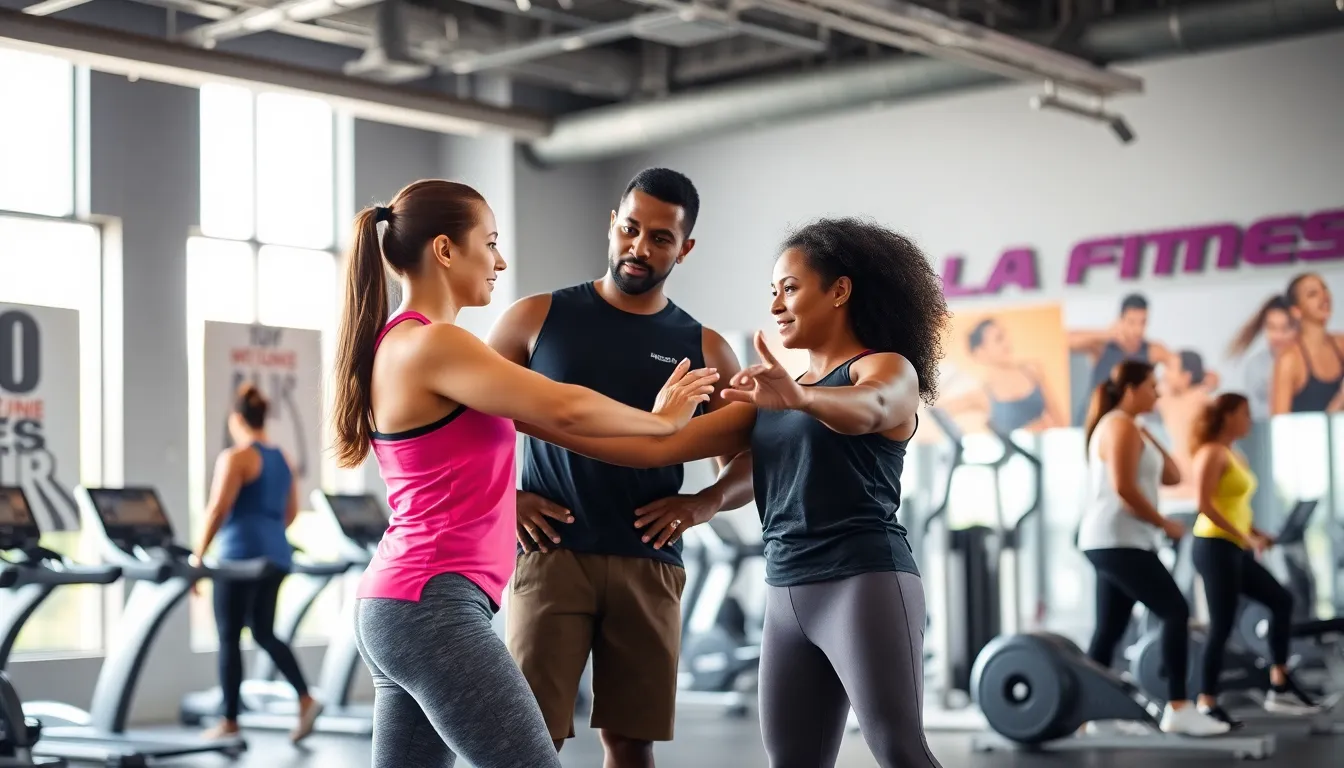 personal trainer guiding a client in a modern gym setting.