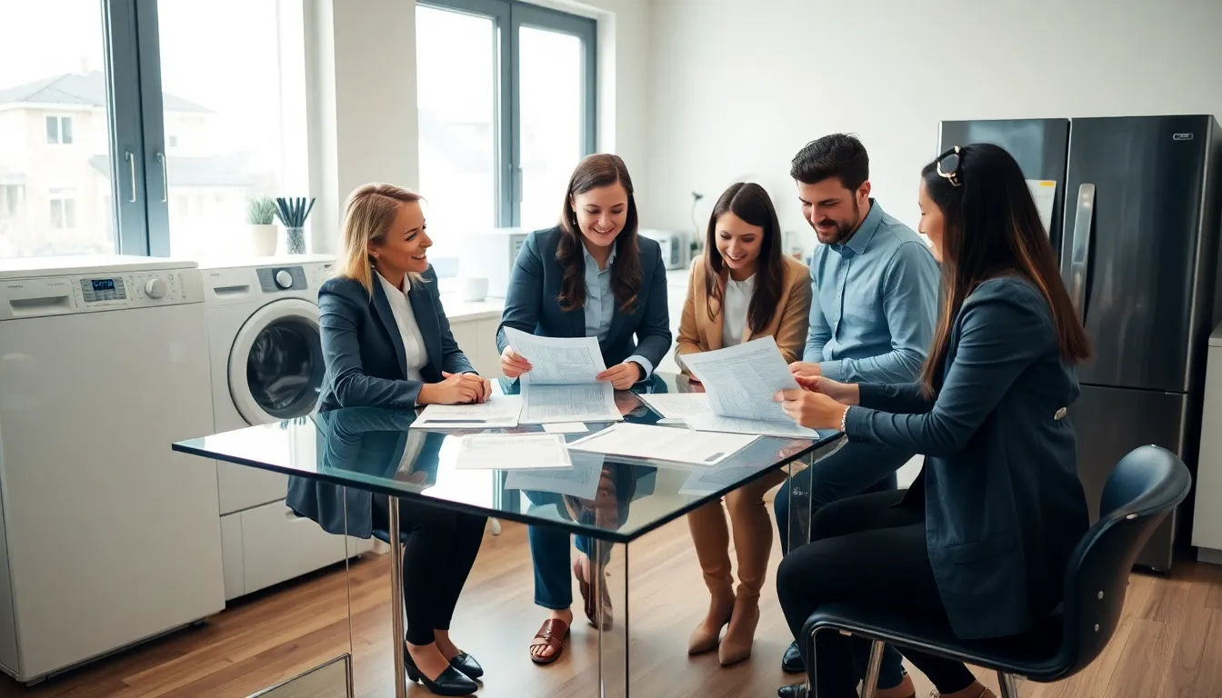 diverse homeowners discussing appliance coverage in a modern office.