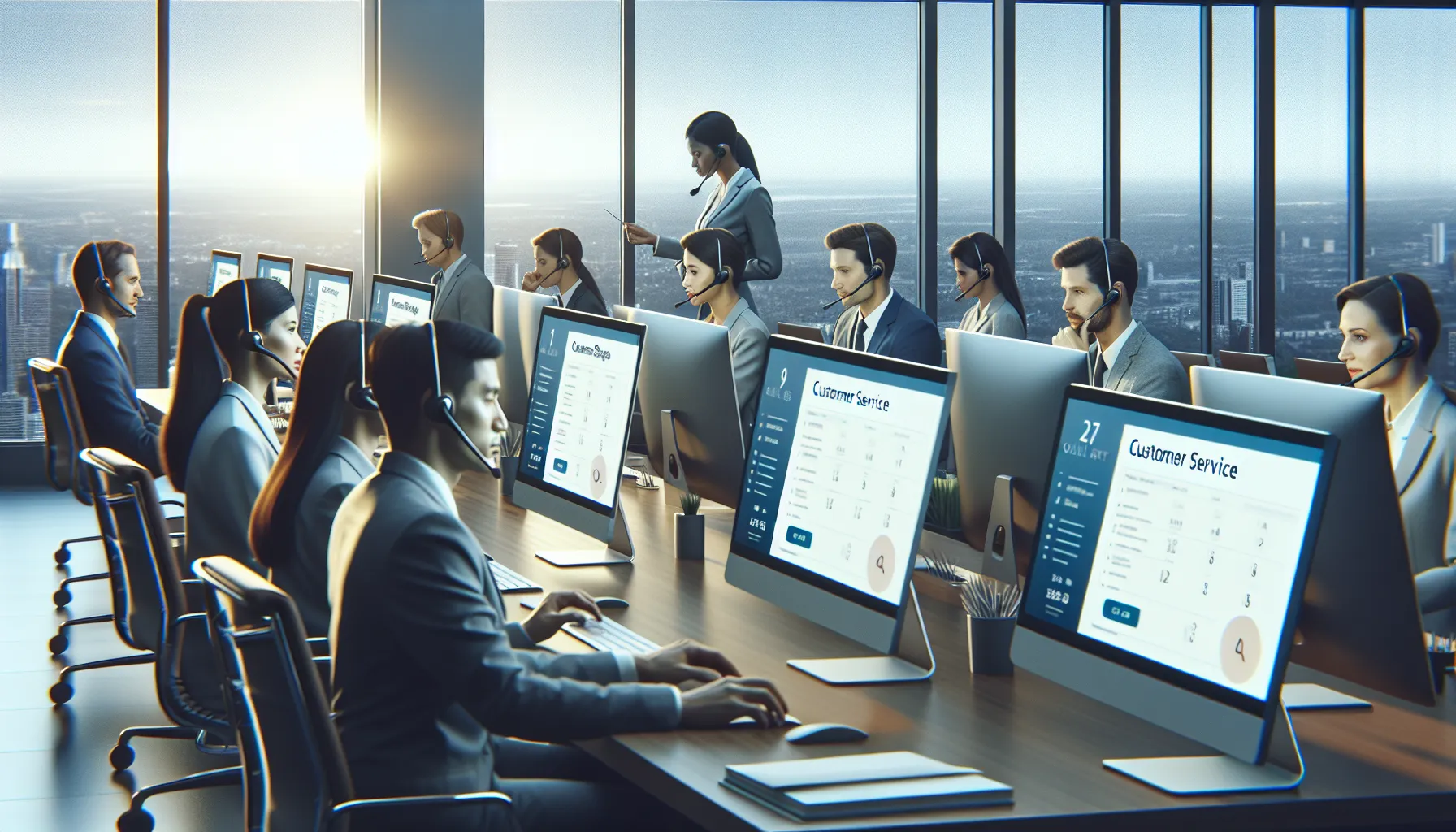 diverse team discussing customer service in a modern office.