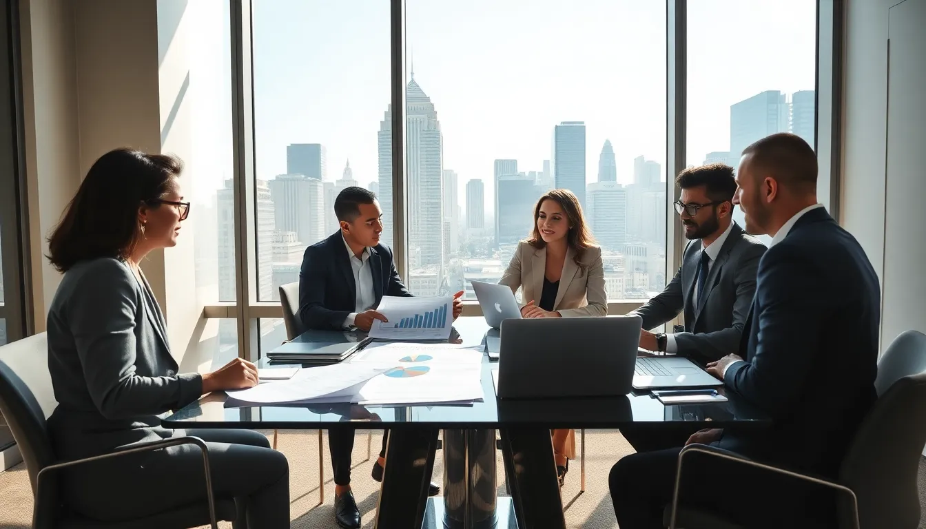 diverse team discussing investment property loans in a modern office.