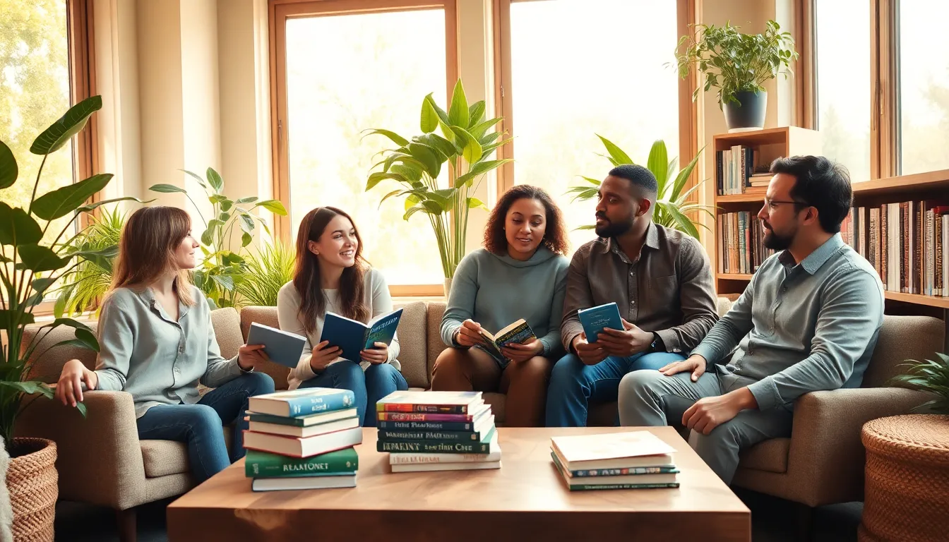 group discussing sustainable living books in a cozy reading nook.