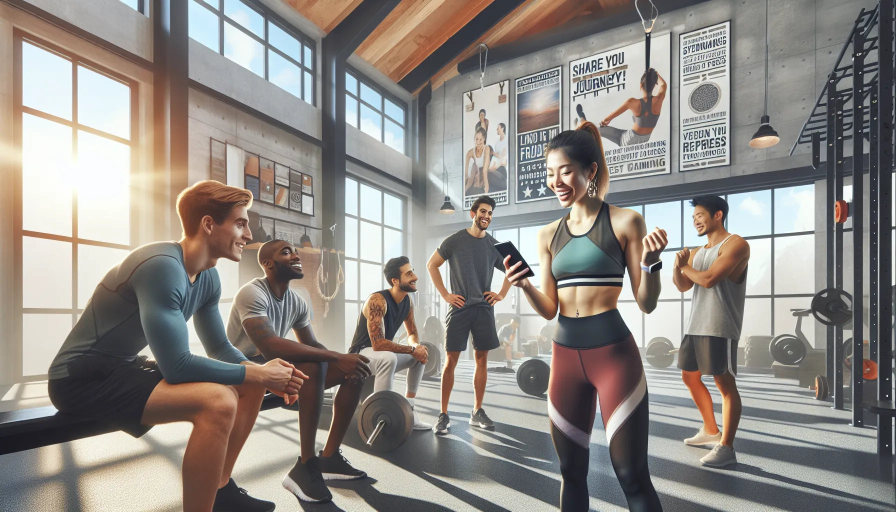 diverse group engaging in workout activities in a modern gym.