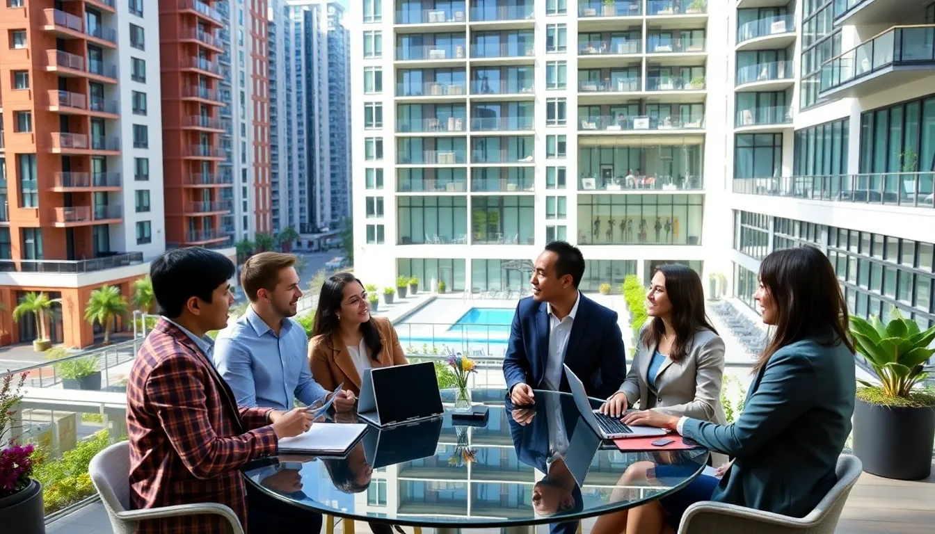 diverse professionals discussing condo living options in a modern setting.
