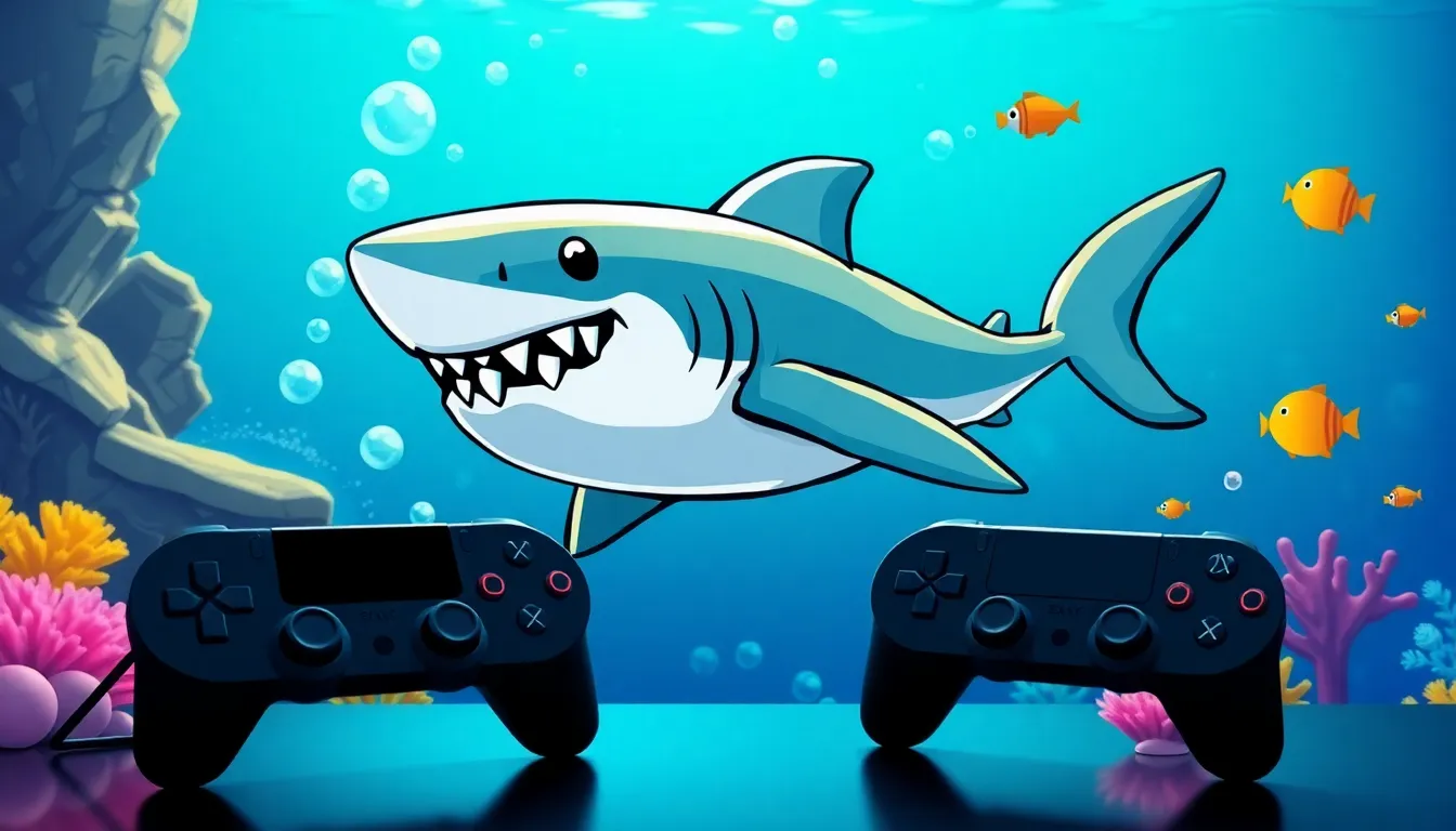 retro pixelated shark character in an underwater gaming scene.