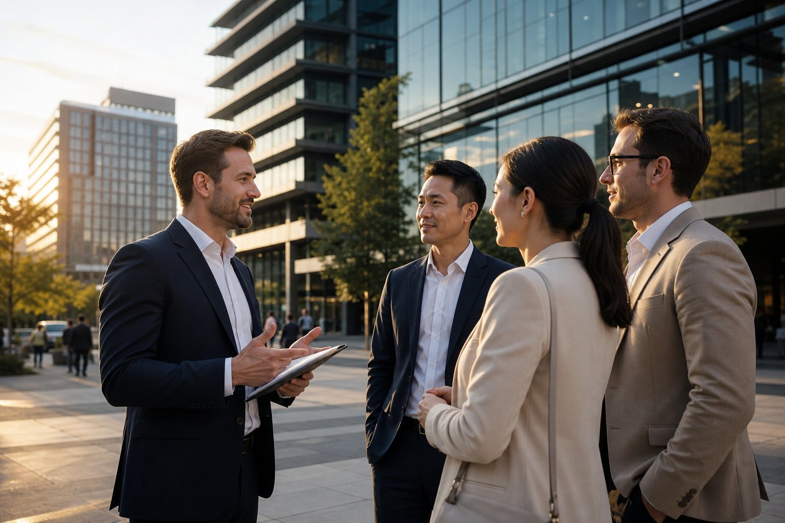 Commercial Mortgage Brokers Blackpool for Purchase and Refinance 2 Professional commercial mortgage meeting outside a modern office building in a polished urban business district at golden hour.