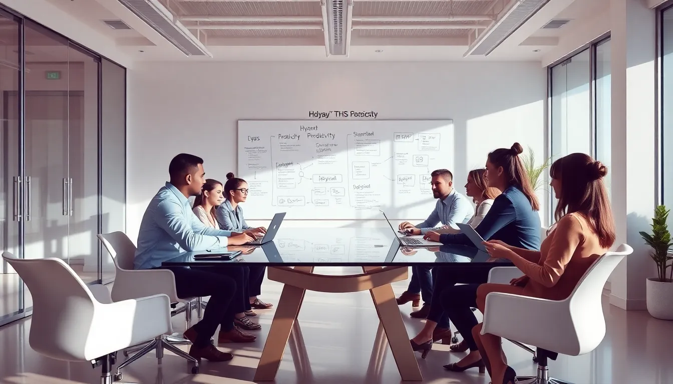 diverse team collaborating on productivity strategies in a modern office.