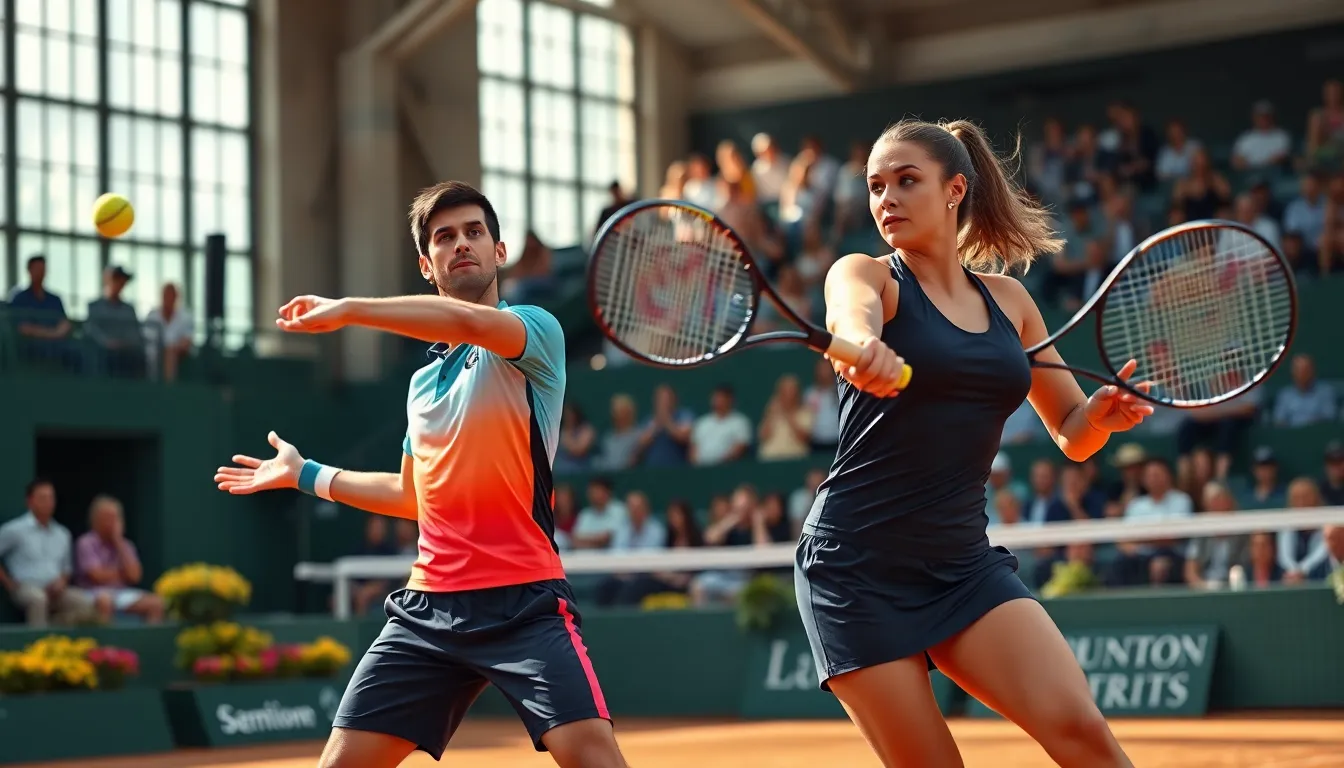 Novak Djokovic and Iga Swiatek competing on a clay tennis court.