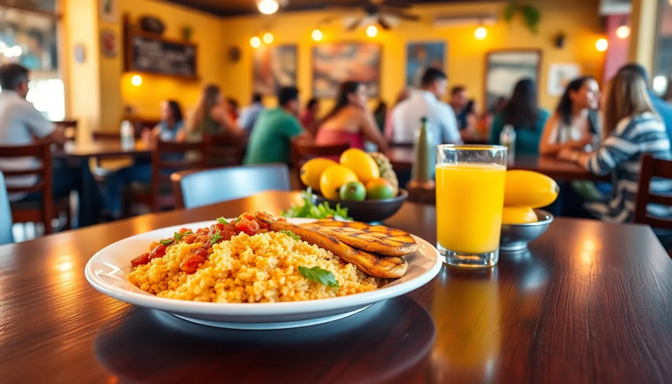 Costa Rican restaurant scene with casado dish and diverse patrons.