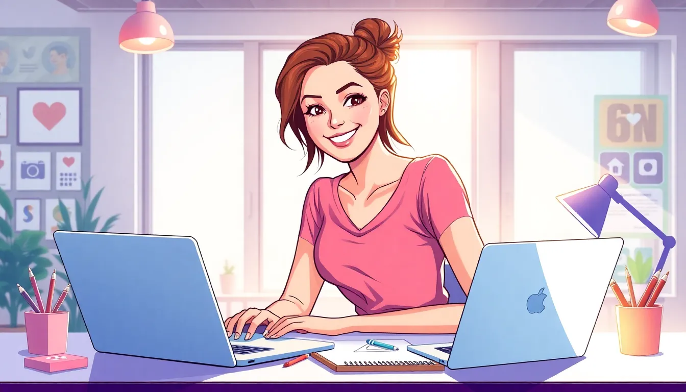 confident woman in a modern workspace, embodying a playful online persona.