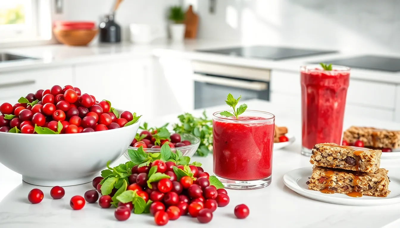 Healthy cranberry recipes displayed on a modern kitchen counter.