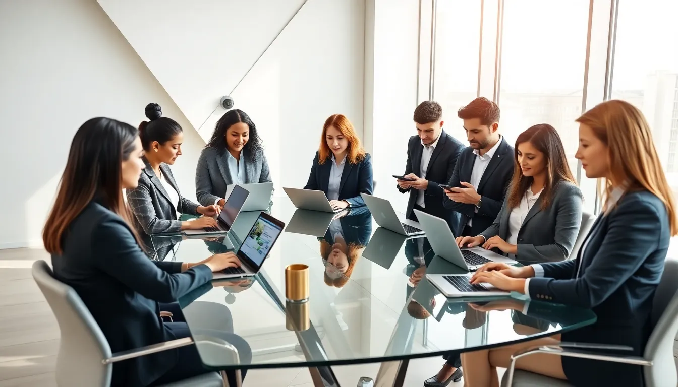 diverse team collaborating in a modern workspace with digital tools.