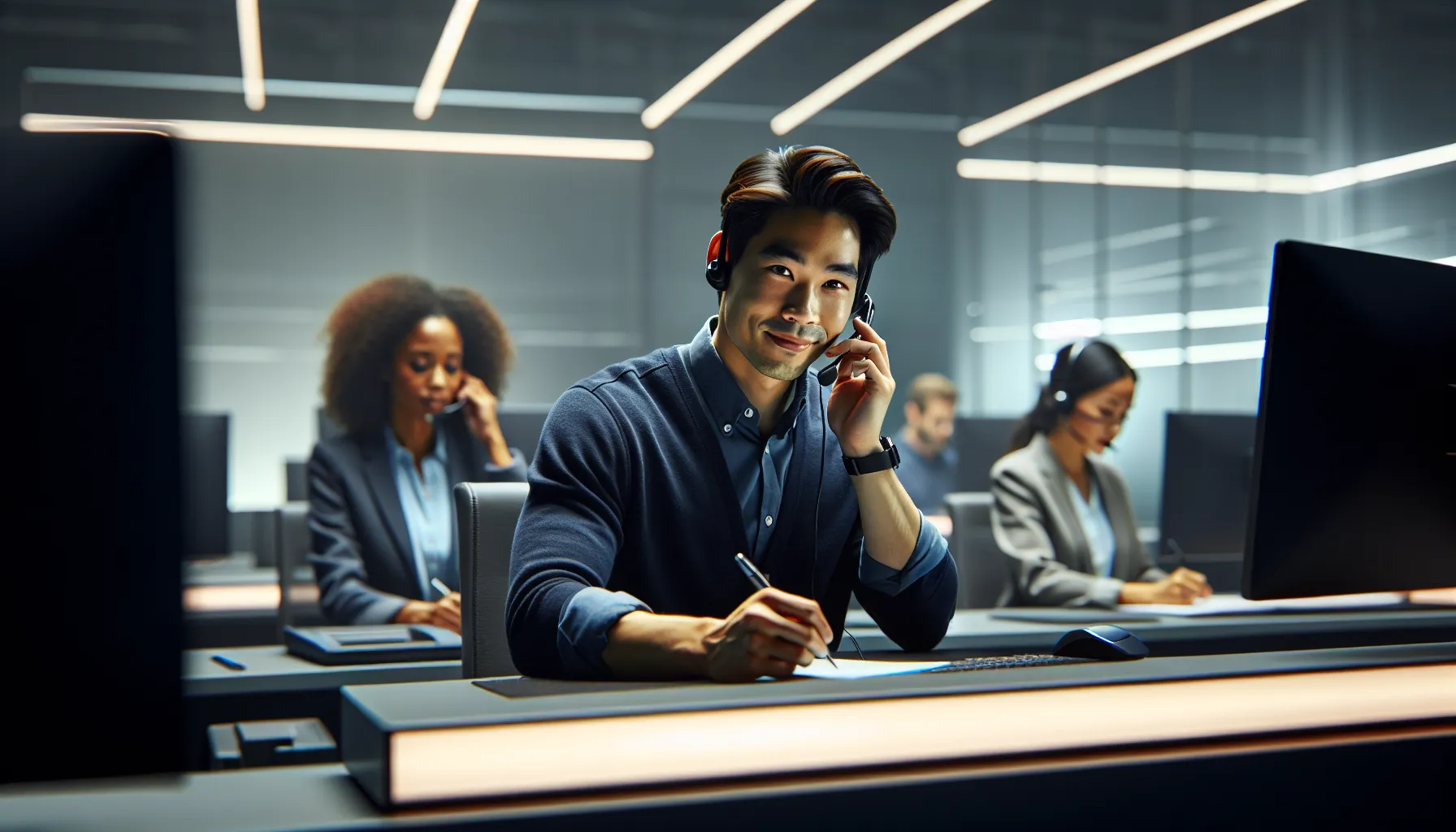 Customer service representative assisting a call in a credit card support center.