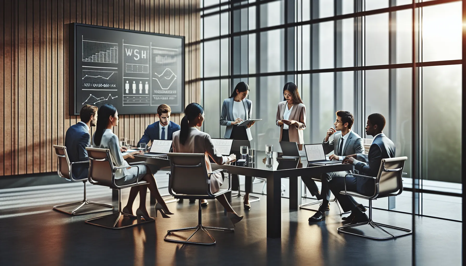 diverse professionals analyzing data on VSH160364841663 in a modern office.