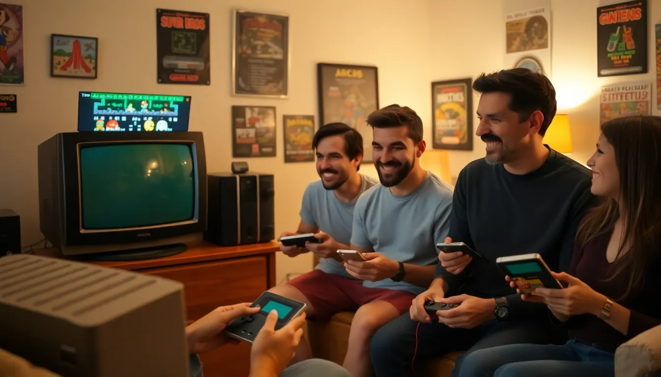 diverse group enjoying classic video games in a nostalgic setting.