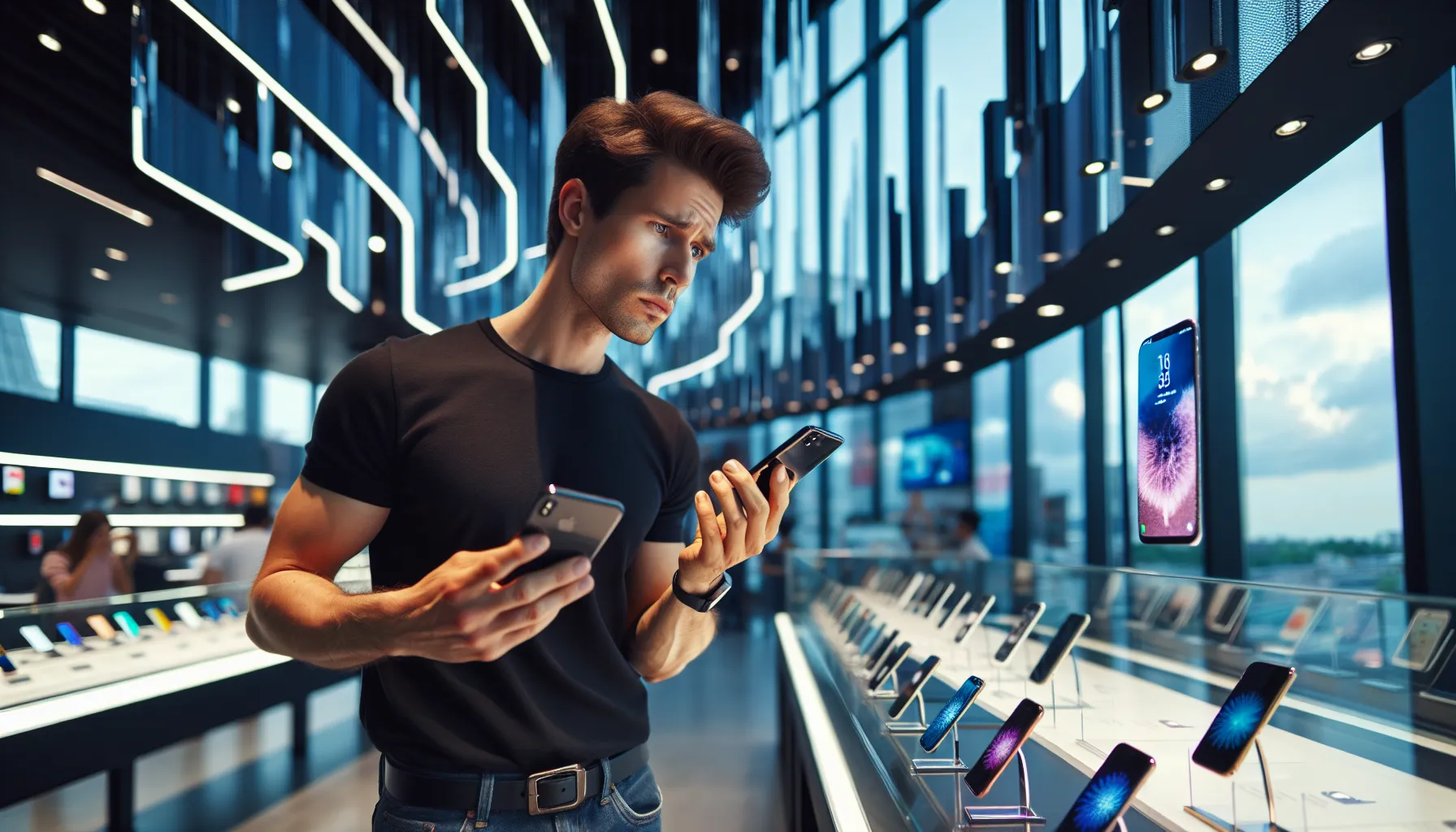 A young man comparing an iPhone and a Samsung smartphone in a tech store.