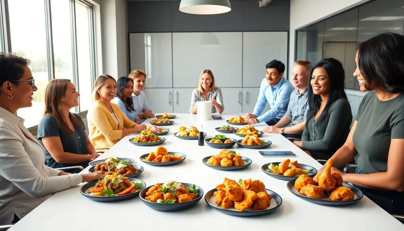 diverse professionals discussing plant-based food trends in a modern setting.