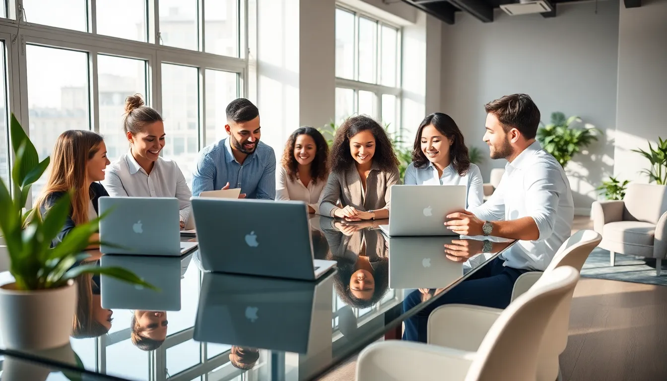 diverse team collaborating in a modern office focused on work-life balance.