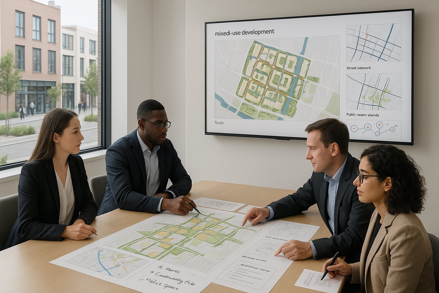 Consultants reviewing urban plans in a modern UK office.