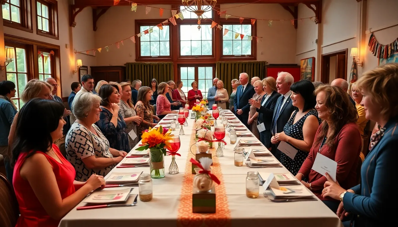 diverse group celebrating a thrifty event with DIY decorations.