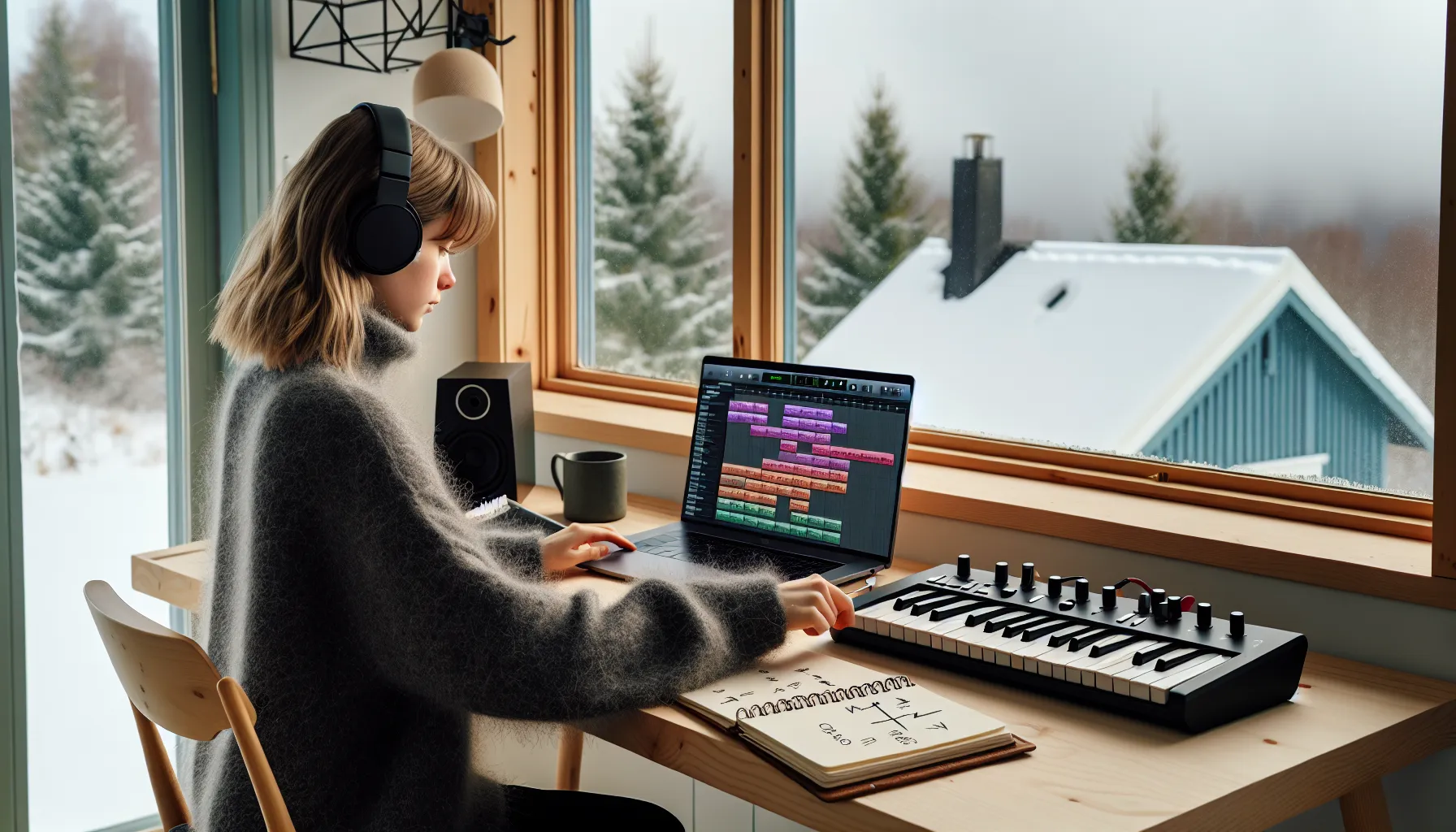 Hvordan komponere din første sang: en guide for nybegynnere 3 Beginner norwegian songwriter mapping verse–chorus–bridge structure on daw timeline in home studio.