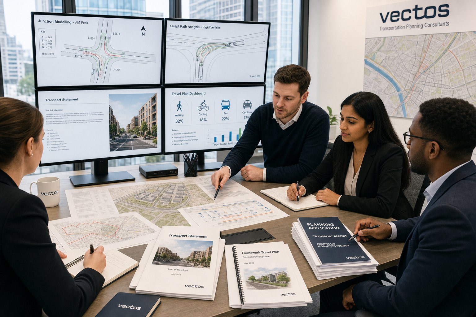 Transport planning consultants reviewing UK development reports in a modern office.