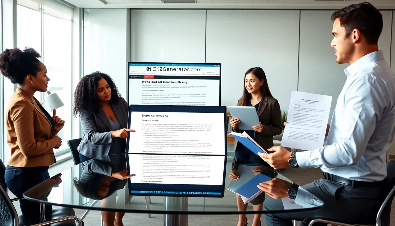 professionals discussing terms of service in a modern office setting.