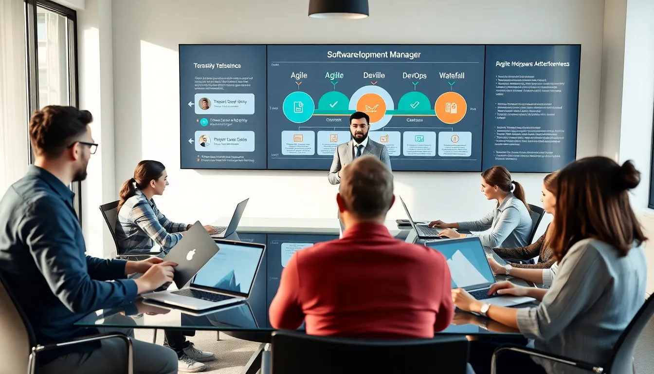 diverse team collaborating in a modern office on software development management.