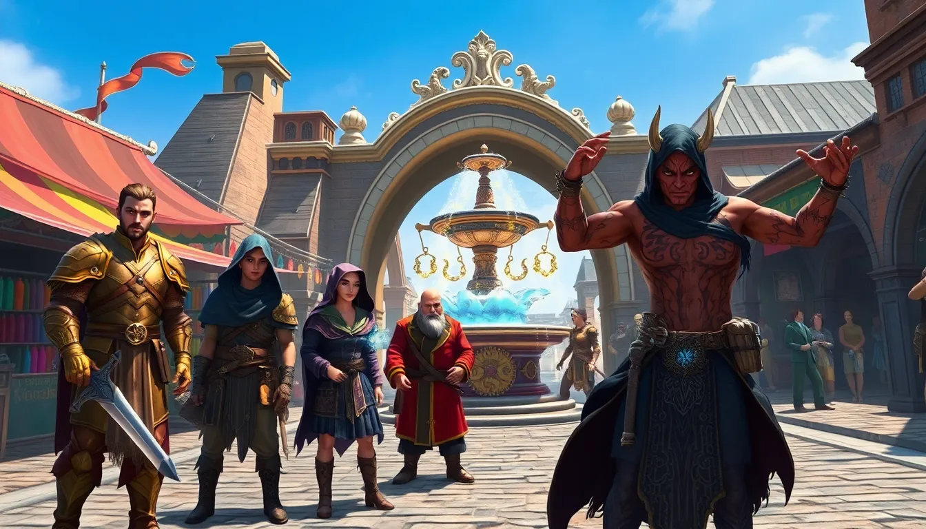 a group of adventurers in a lively Neverwinter market.