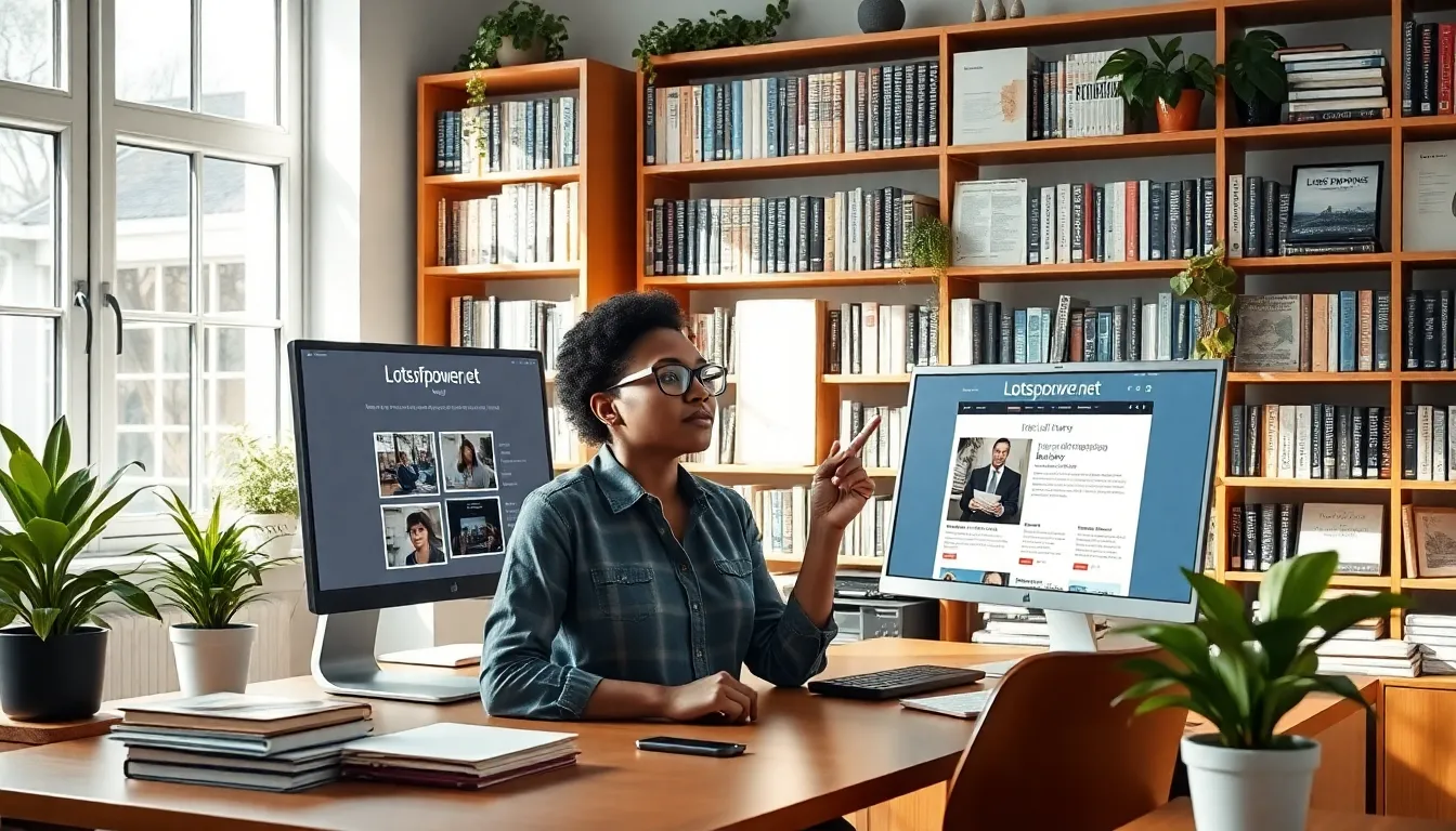 A woman using a computer in a modern workspace, surrounded by books on technology.