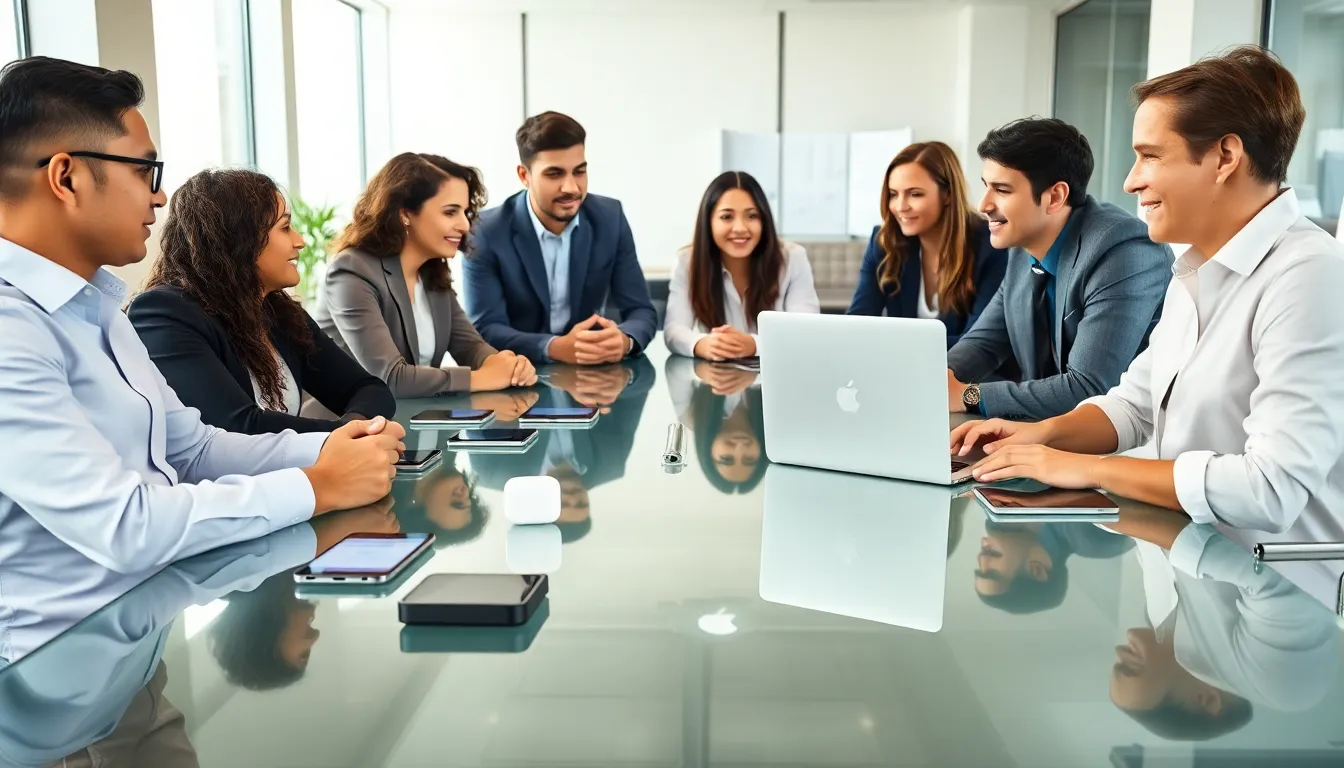 diverse team discussing Apple products in a modern office.