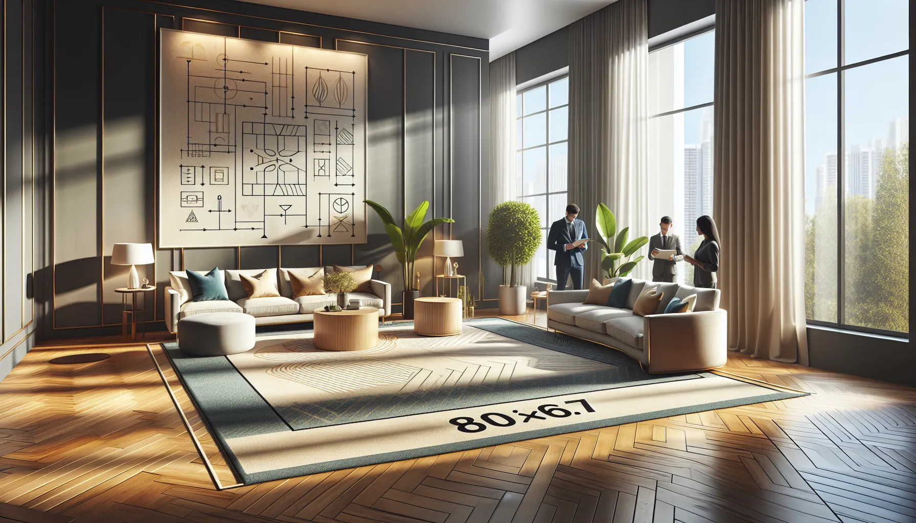 modern living room with a large area rug and diverse professionals discussing design.