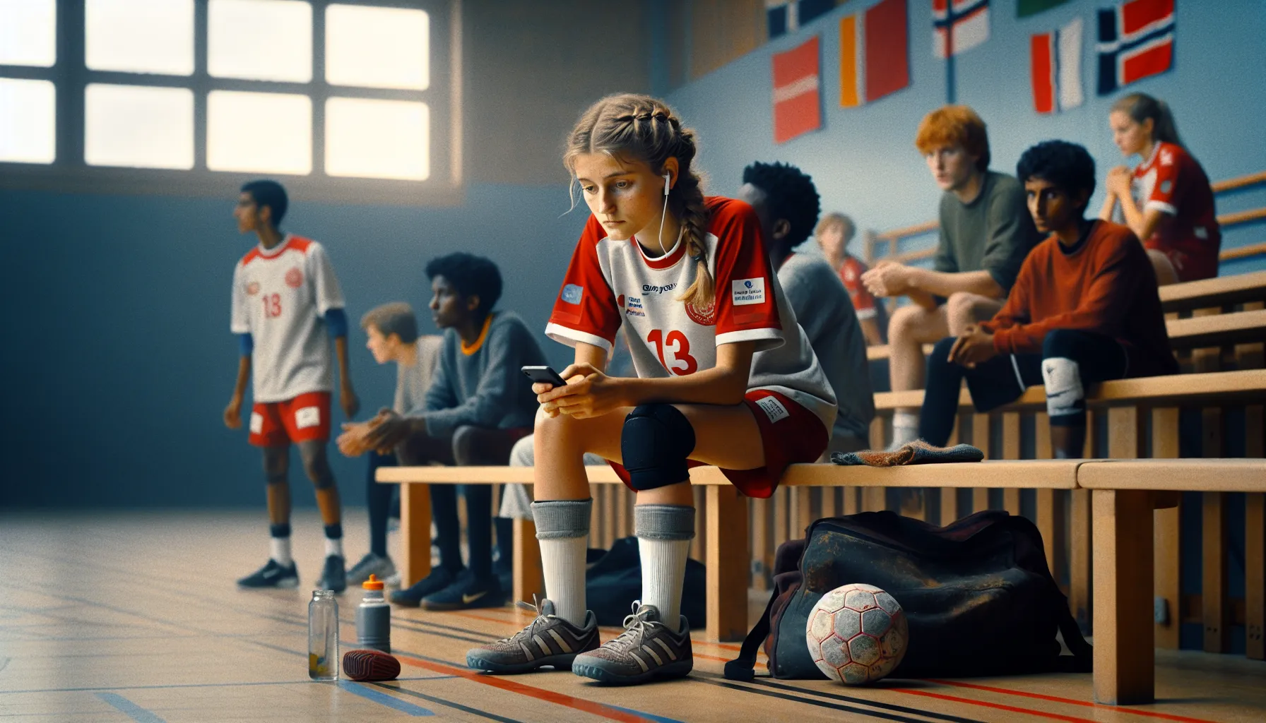 Isolated Norwegian teen handball player on bench as teammates pair up nearby.