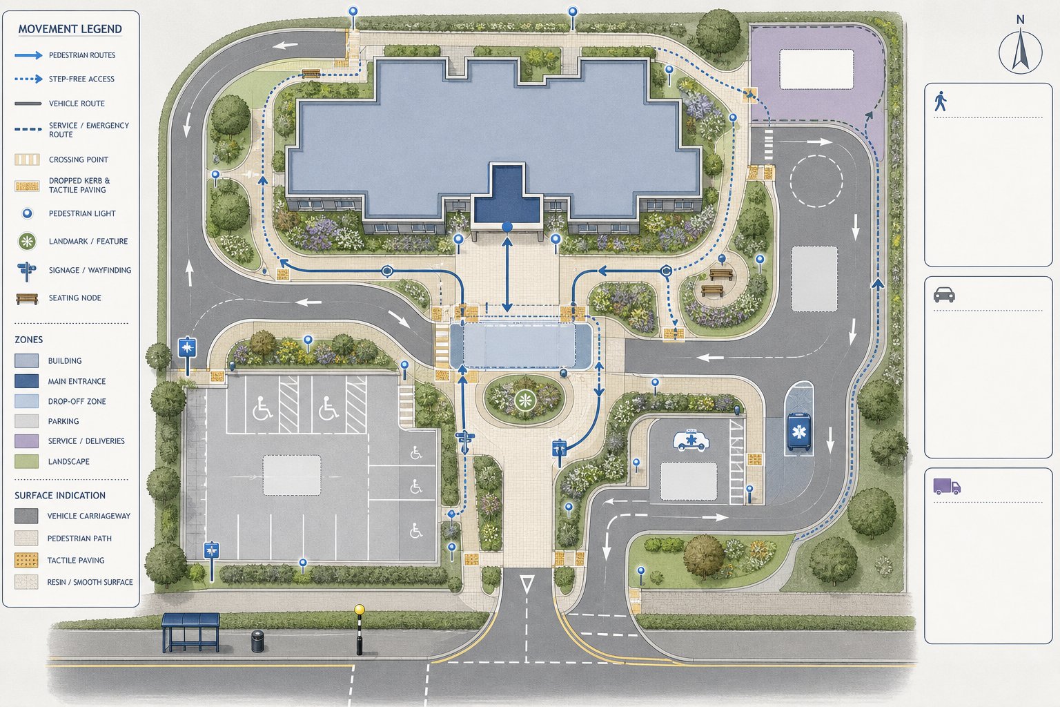 Site layout showing safe pedestrian and vehicle movement around a care development.