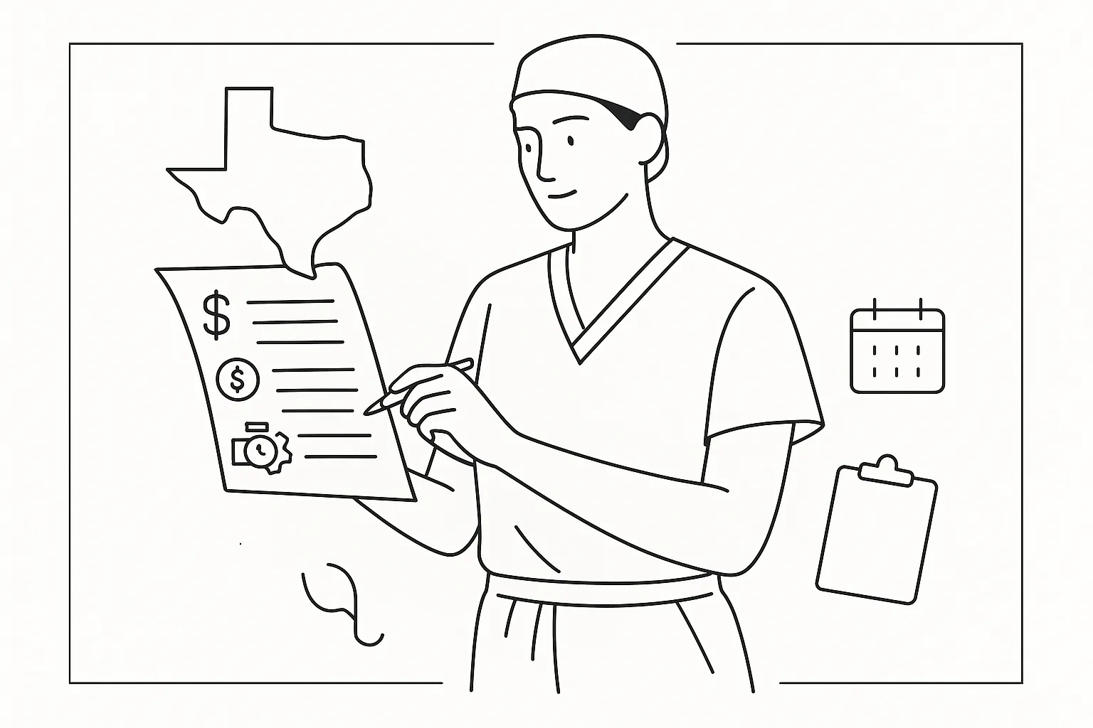 Physician assistant in scrubs reviewing a contract with compensation icons.