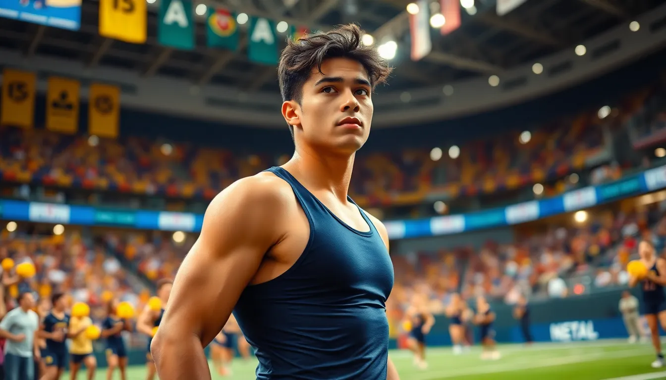 Neldanos Kimsel focused before a race in a crowded college sports arena.