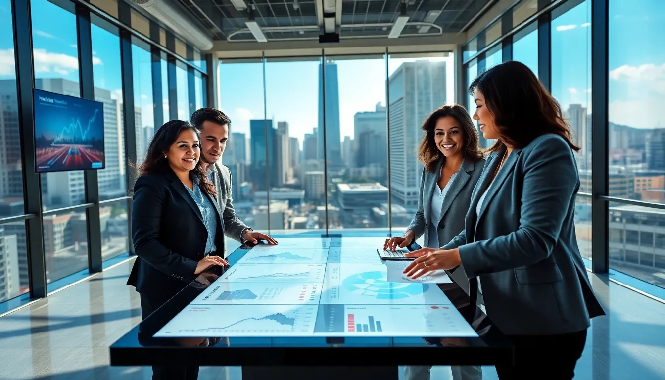 three professionals collaborating in a modern office about real estate technology.