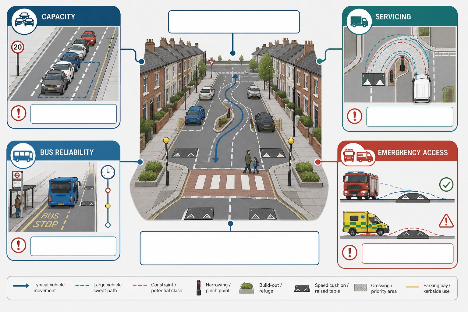 Infographic of traffic calming impacts on capacity, deliveries, buses, and emergency access.
