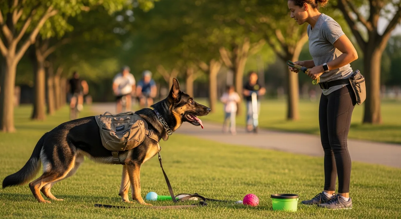 Woman training an alert German Shepherd with working gear in a sunny park.
