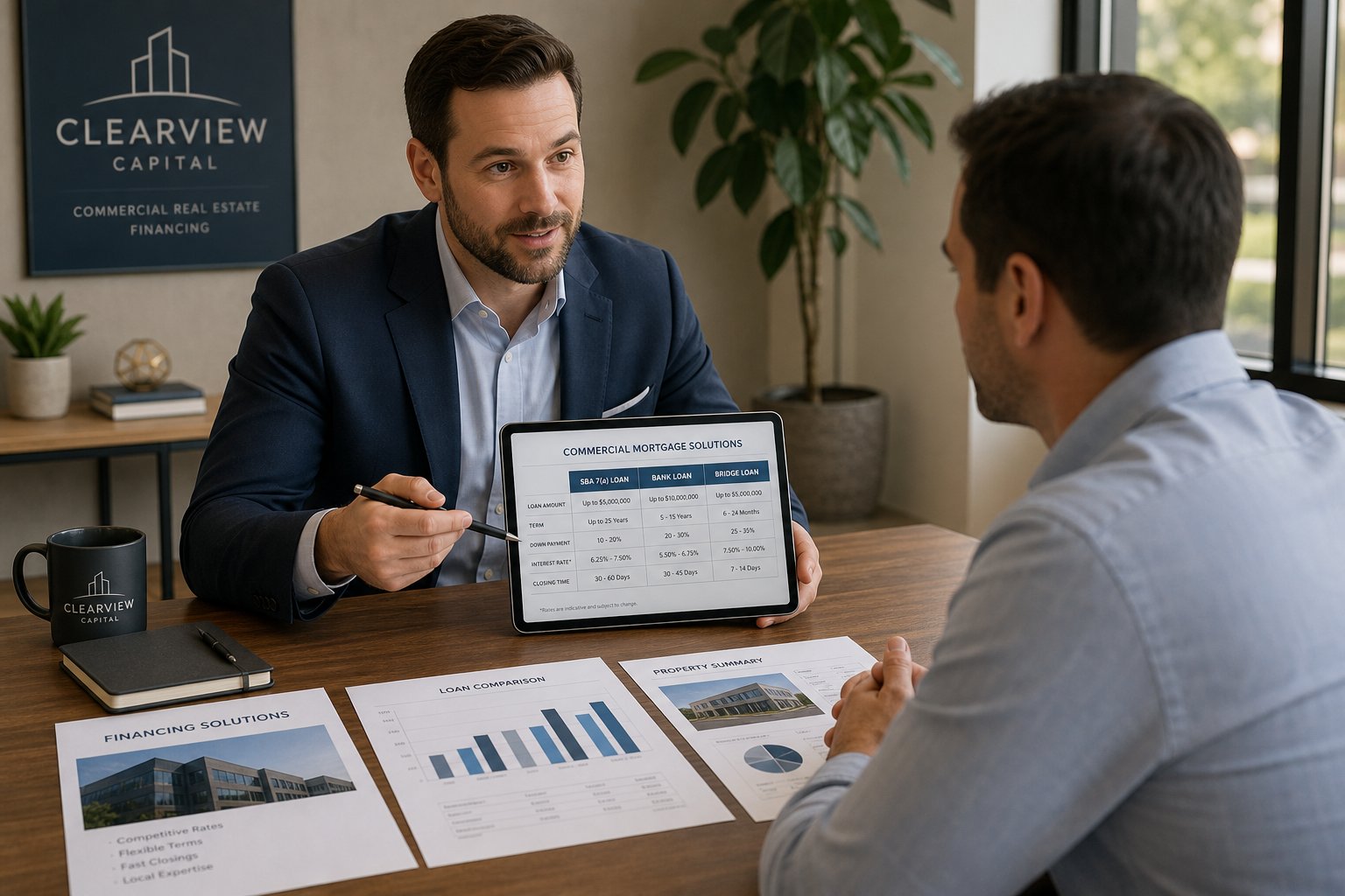Commercial mortgage consultant presenting finance options to a client in a modern meeting room.