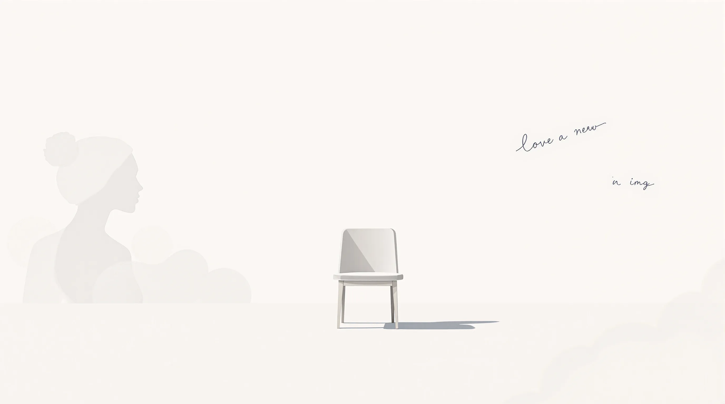 Empty chair in white space with fading silhouette representing absence and silent longing.