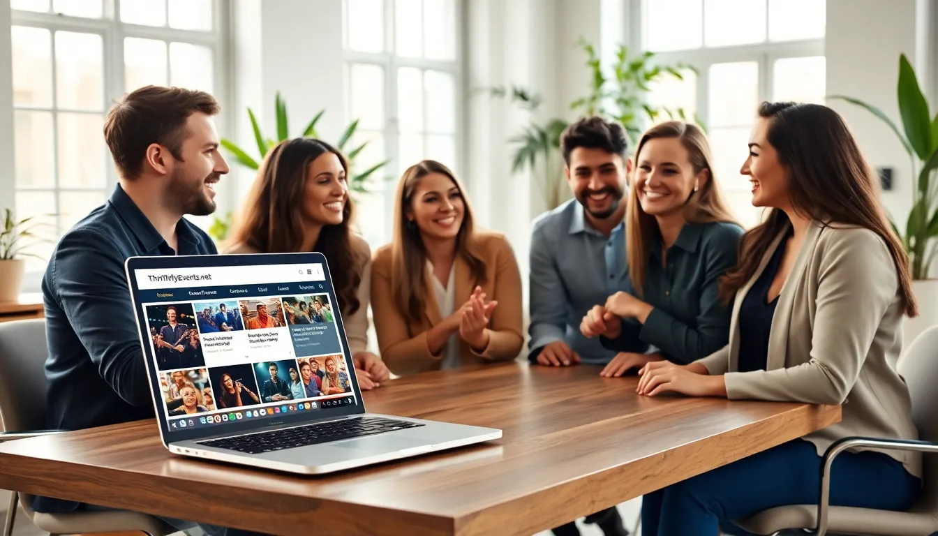 diverse team discussing event listings on a laptop in a modern office.