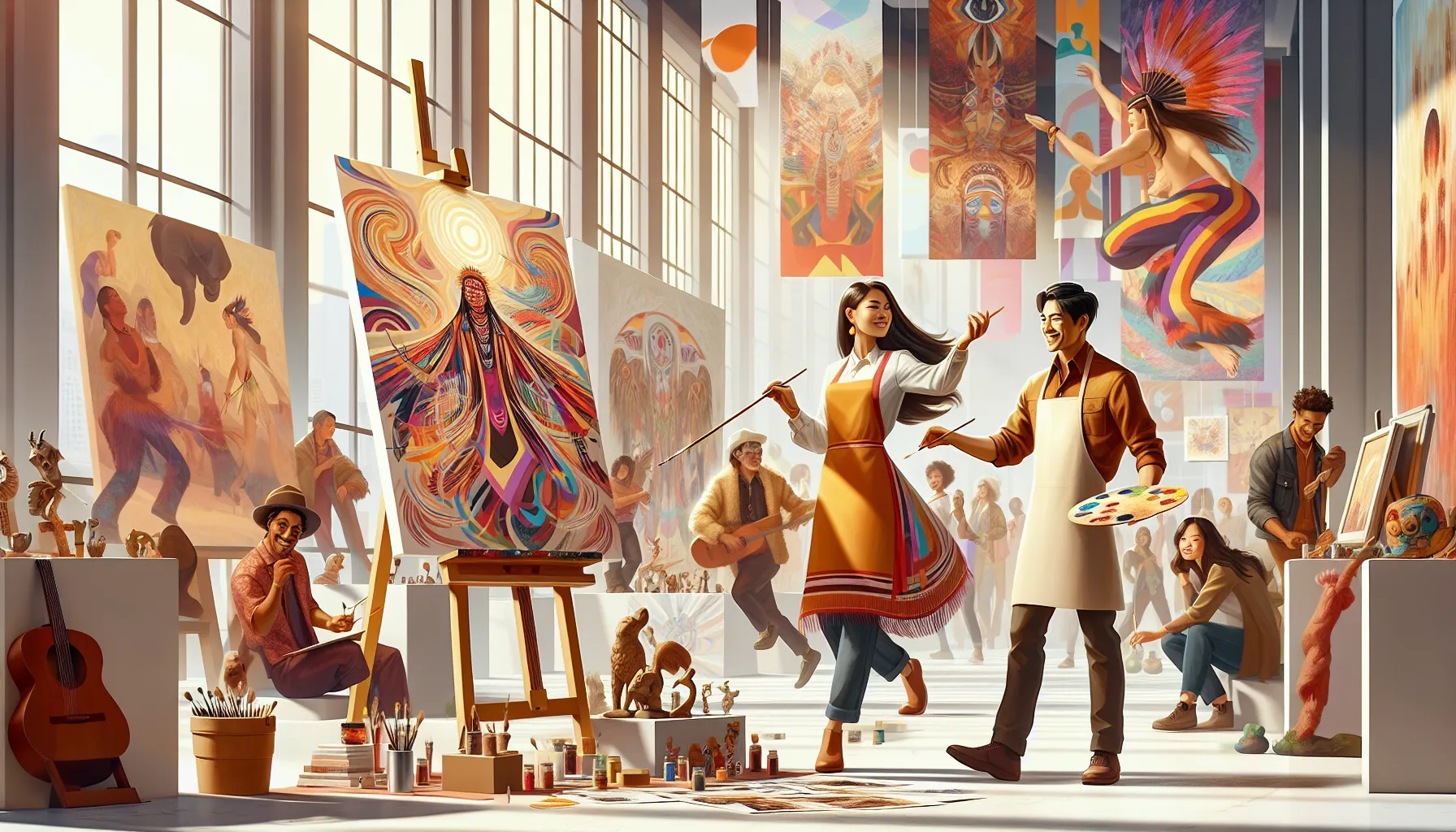 gallery scene with diverse artists creating Haiikurti-inspired art.