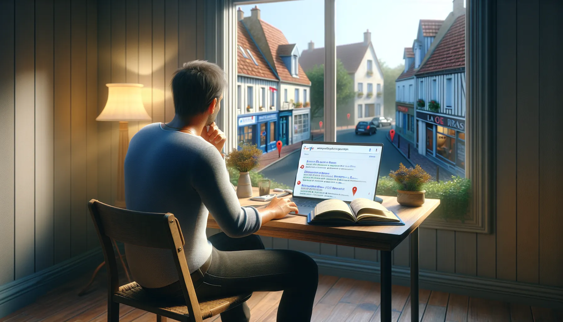 Local French business owner studies Google search results showing stronger competitors nearby.