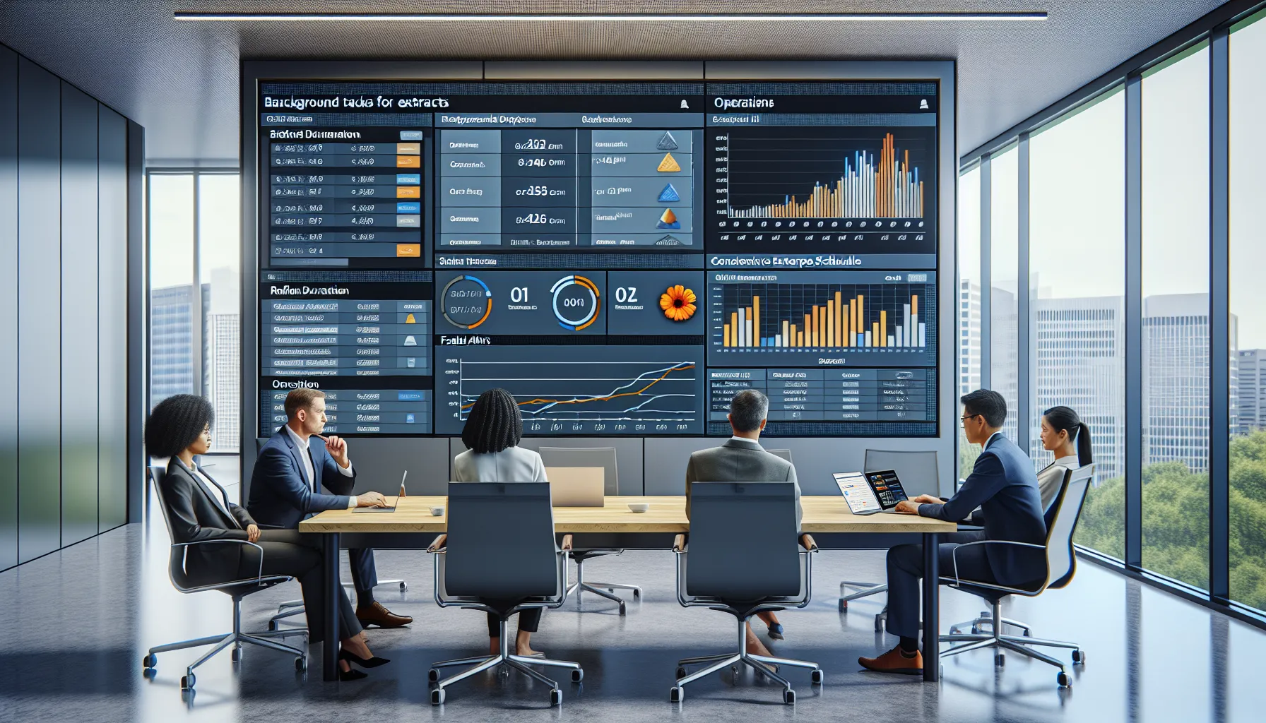 Data professionals managing Tableau extract schedules on dashboards in a modern office.