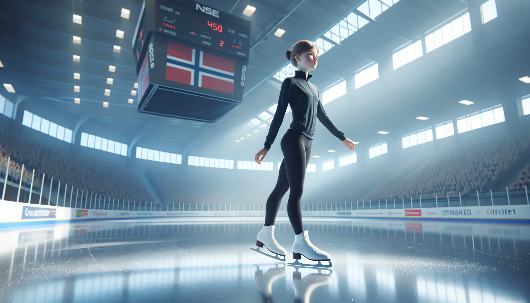Young figure skater balancing on one leg on an indoor norwegian ice rink.