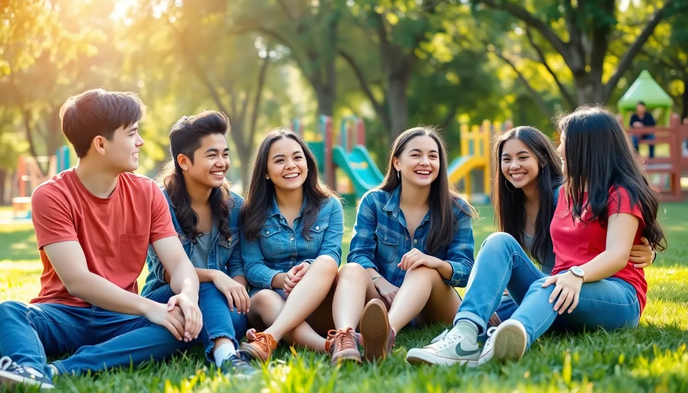 Teenagers discussing relationships in a sunny park setting.