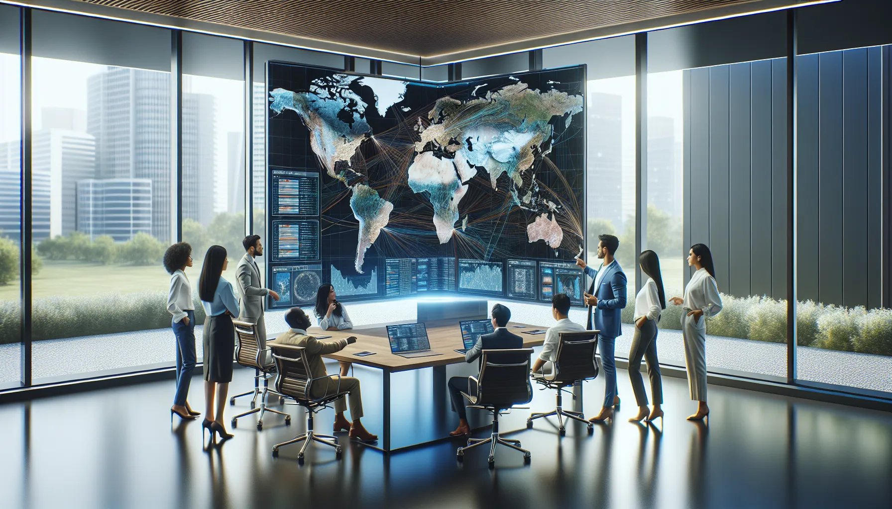 professionals analyzing digital maps in a modern office setting.