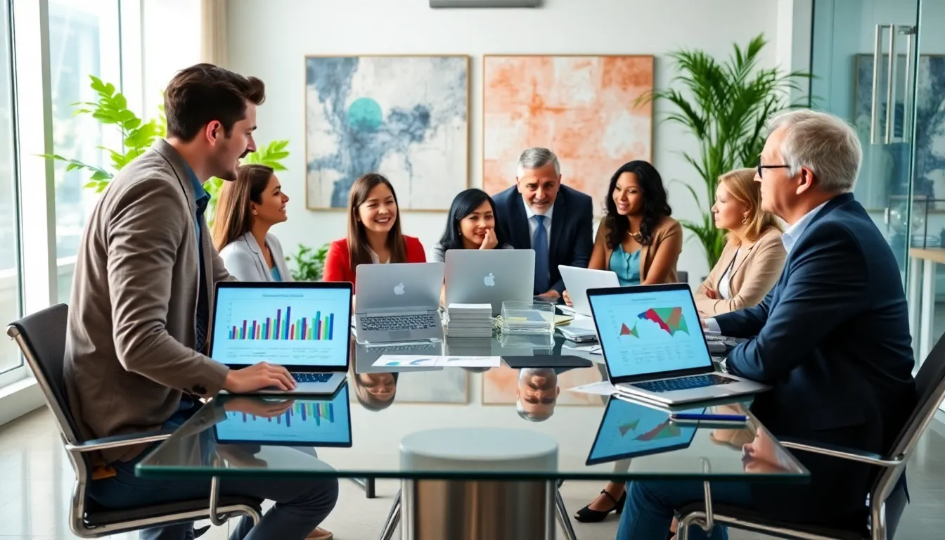 diverse professionals discussing content strategies in a modern office.
