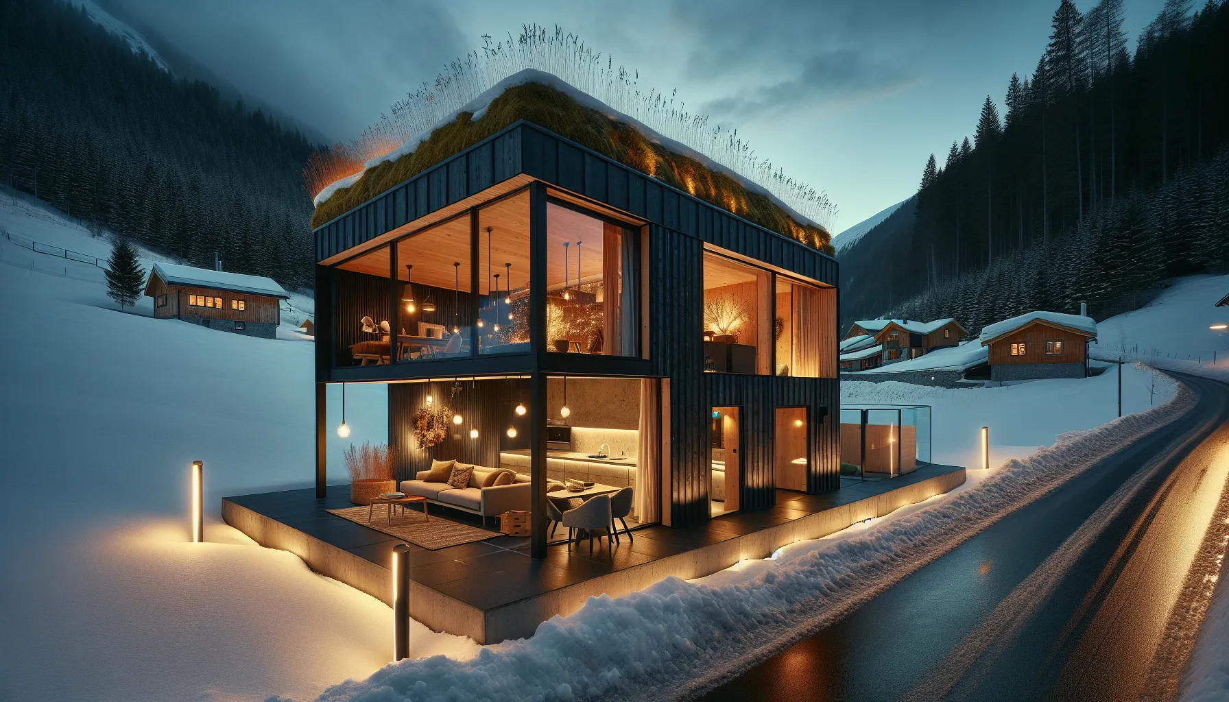 Modern norwegian cabin with big windows, winter access, and ski trail nearby.